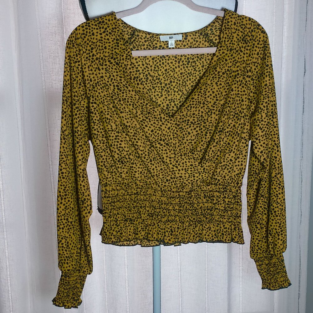 BP Crop Top V-Neck Ruched Waist & Cuffs Gold w/Black Animal Print NWOT L